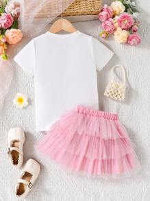 Set da 2 pezzi per ragazze: maglietta con decorazione in tulle e fiocco, gonna in più strati di tulle, stile dolce adatto per l'abbigliamento estivo