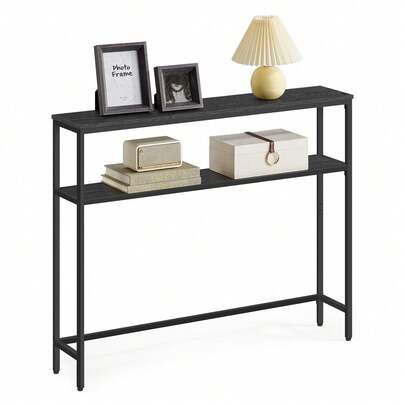VASAGLE Mesa de Consola, Mesa Auxiliar Estrecha, 20 x 100 x 80 cm, Mesa de Entrada Moderna con 2 Estantes, para Sala de Estar, Dormitorio, Gris Carbón y Negro Tinta