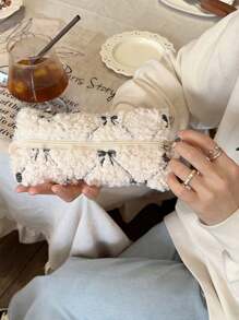 Premium Faux Fur Large Capacity Makeup Bag, Cosmetic Case For Skincare, Coins, Makeup Brushes, Eyeshadow, Lipstick, Ribbon Pen Box, Embroidered Pen Pouch, Female/Student Stationery Organizer, Earphone Accessory Storage