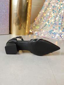 New Stylish Women Black Chunky Heels Pointed Toe Pumps, Slingback Mid Heel Sandals For Summer,Elegant,Party Outfits - Black - View 8