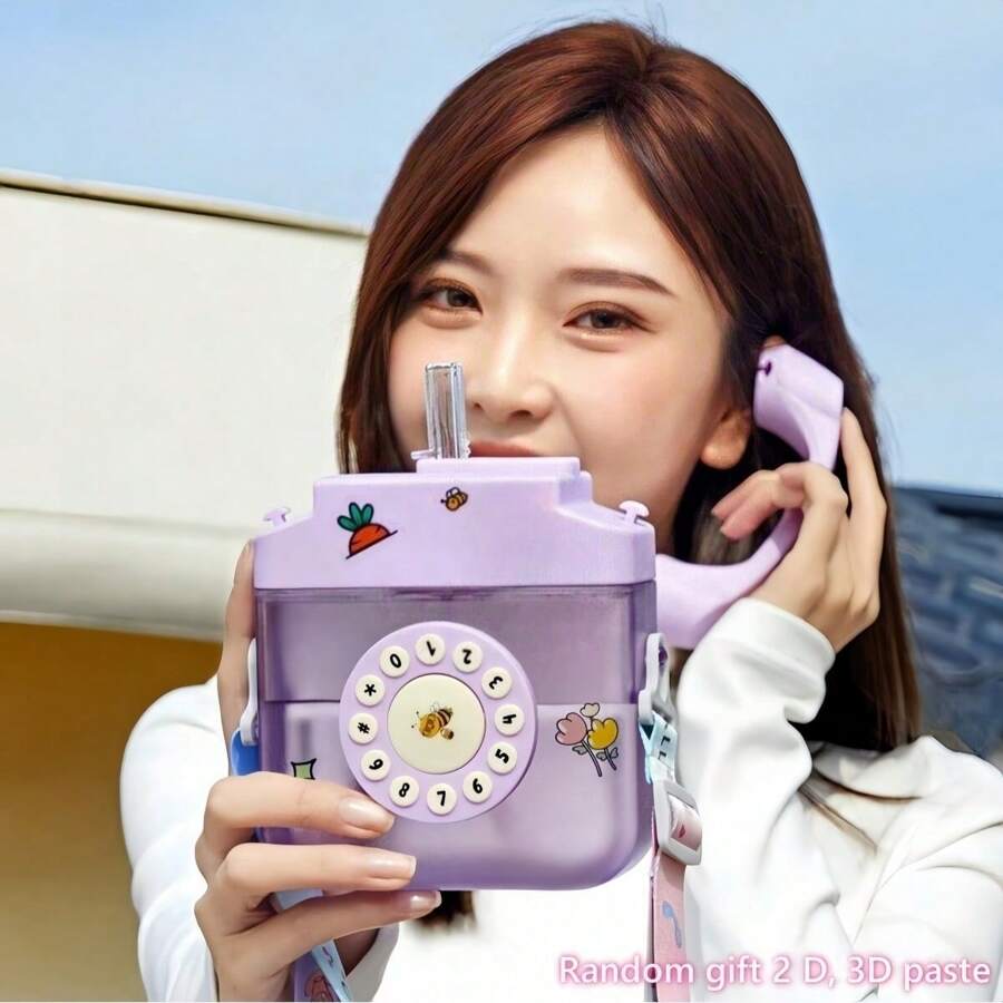 1pc Creative Telephone Water Bottle With Straw, Crossbody Strap, Includes 3D And 2D Decals As Random Gifts