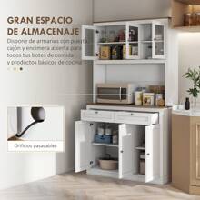 HOMCOM HOMCOM Alacena de Cocina Mueble Auxiliar de Cocina Armario de Cocina con 3 Puertas de Vidrio Compartimento Abierto 2 Cajones y Estantes Ajustables 100x40x180 cm Blanco