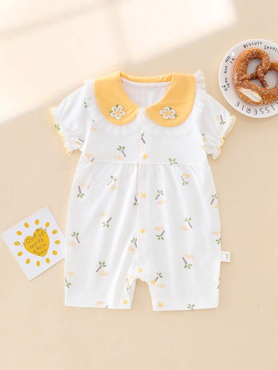 Einteiliger Romper mit Spitzenkragen und Stickerei, für Babys und Mädchen, lässiges Sommeroutfit - Gelb - Übersicht 1
