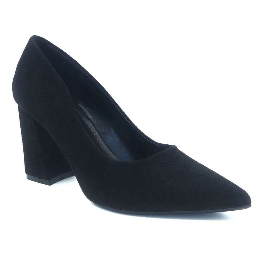 Women's Pointed Toe, Square Heel Pumps - Black-8723-1 - View 1