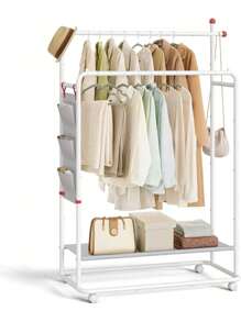 SONGMICS HOME Perchero, Perchero Metálico con Ruedas, 2 Barras para Colgar, Bolsillos Laterales, Estante, Ganchos para Cerillas, Blanco Mate - Blanco - Ver 8