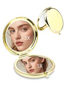 1 pieza Espejo de mano mini redondo y reversible portátil y plegable de metal para hombres y mujeres, maquillaje, barato, decoración de habitaciones, tocador, viaje, dormitorio, accesorios de maquillaje, espejo, espejo de tocador, mini espejo, espejo compacto, espejo pequeño, espejo de mano