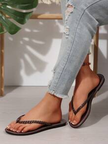 New Spring/Summer Women's Chocolate Brown Flip Flop Sandals, Round Toe Flat Thong Slippers, Casual Wear Indoor/Outdoor - 巧克力棕 - 查看 2