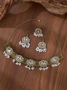 4pcs/Set European & American Vintage Palace Style Women Jewelry Set: 1pc Sapphire Crystal Glass Faux Pearl Tassel Pendant Necklace, 1 Pair Earrings, 1pc Rhinestone Ring
