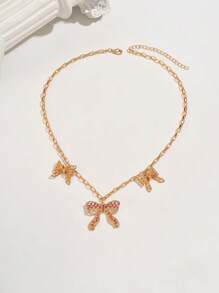 1pc Unique Fashion 18K Gold Plated Metal Fully Rhinestone Bowknot Heart Floral Pendant Necklace For Women, Can Be Purchased As 1pc Or 2pcs Set With Multiple Pendants, Suitable For Party, Wedding, Holiday Occasions And As A Gift