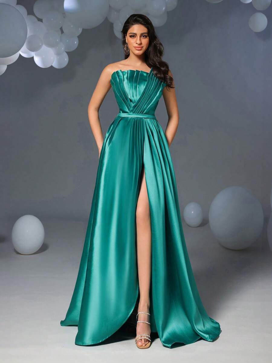 Faeriesty Strapless Satin Gown With Ruched Front & Tie-Up Back Detail High-Slit, Modern Luxury Formal Maxi Dress For Galas &Parties, Summer Spring Dress, Party Dress, Wedding Guest Dress, Evening Dress - Green - View 1