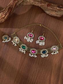 4pcs/Set European & American Vintage Palace Style Women Jewelry Set: 1pc Sapphire Crystal Glass Faux Pearl Tassel Pendant Necklace, 1 Pair Earrings, 1pc Rhinestone Ring