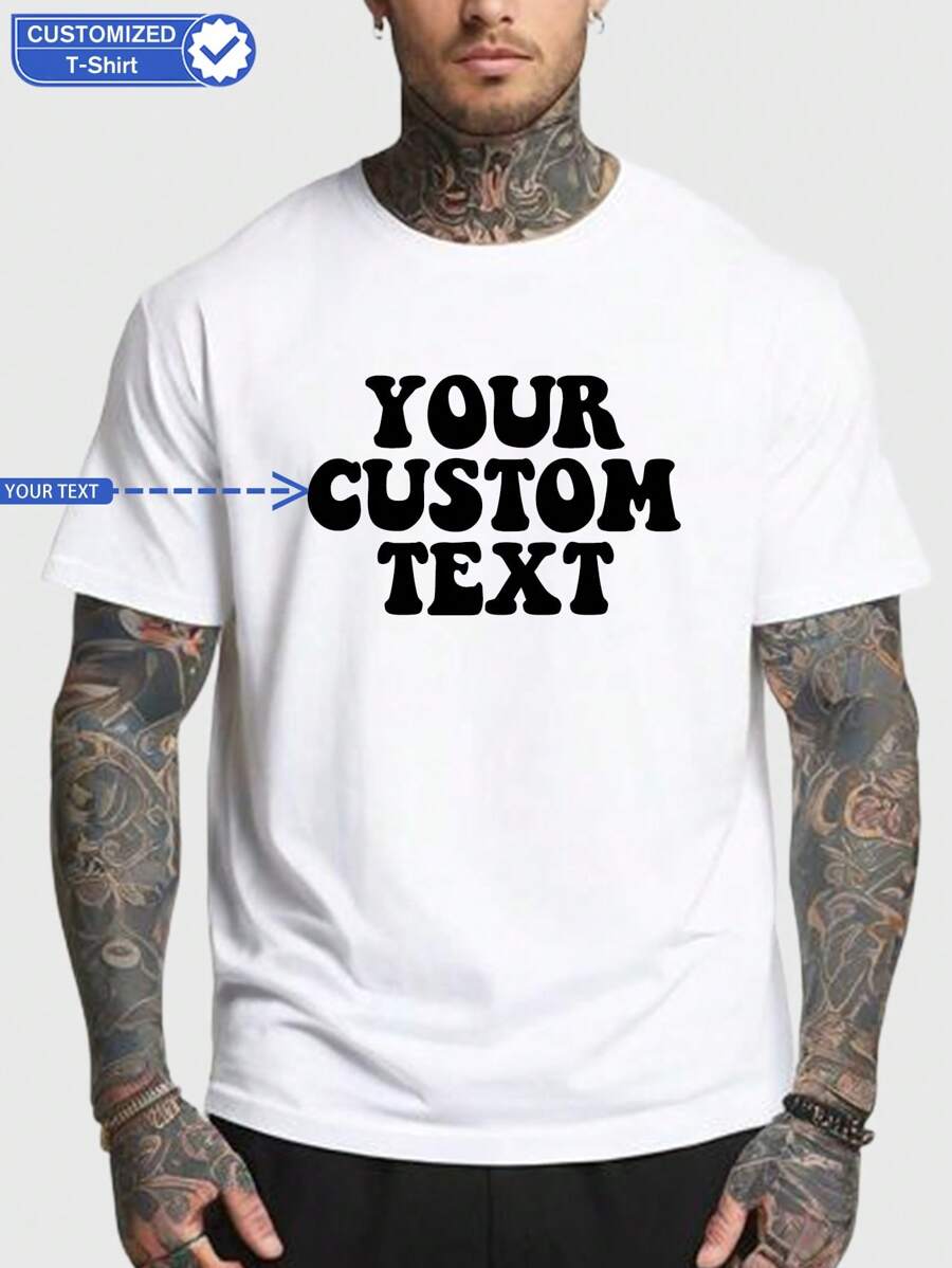 Customized Men's T-Shirt, Upload Your Text/Name/Message/Fun Text/Blessing, White T-Shirt, Holiday Gift, Anniversary Gift, Company Team Building, Music Festival, Gift For Him, Short Sleeve, Party Wear, White Men's Short Sleeve - White - View 1