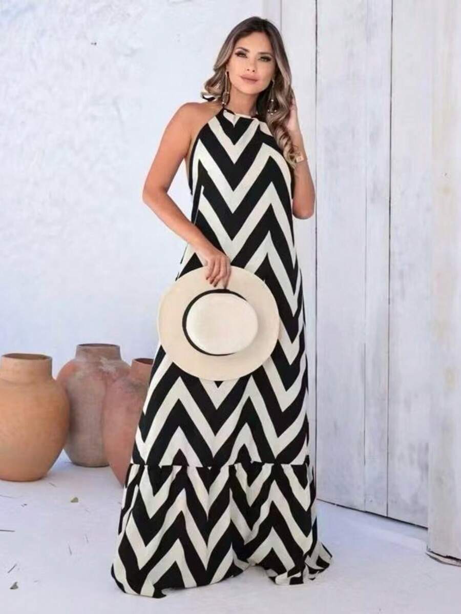 Women's Halter Backless Dress With Padded Cup H-6 - Black and Gold - View 1