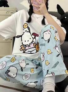 1 pieza Pantalones de pijama de seda de leche con diseño de Hello Kitty de la serie de personajes Sanrio de alta calidad, adecuado para las temporadas de primavera y otoño, con un diseño dulce y lindo que combina la funcionalidad de la ropa casual y de estar en casa. Es una prenda de estar en casa casual que también se puede usar fuera, de vacaciones.