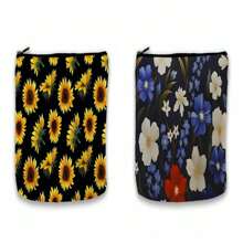 1 pieza Bolsa de maquillaje con estampado de girasol, estuche de cosméticos con flores rojas, blancas y azules, adecuado como regalo de festival