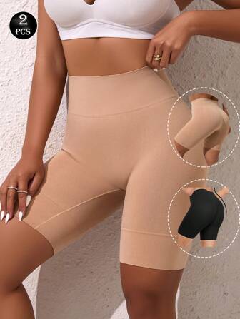 2pcs Women Shapewear Black Skin Tight Safety Shorts Leggings, Body Shaping Tummy Control Activewear Bike Shorts