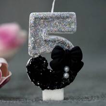 1 Pc Girl Style Black Collar Bow Pearl Theme Glitter Creative Number 0-9 Candles For Birthday Party Cake Decoration Atmospheric Feeling Birthday Baking Plug-In Decoration Suitable For Girls, Goddess,Princess Female Party Birthday Wedding Anniversary Celebration Supplies Gifts Graduation