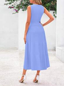 Women's Summer Mid-Length Dress Sleeveless Crew Neck Knitted A-Line Pleats Set Casual Wedding Guest Sundress - màu xanh da trời - Xem 4