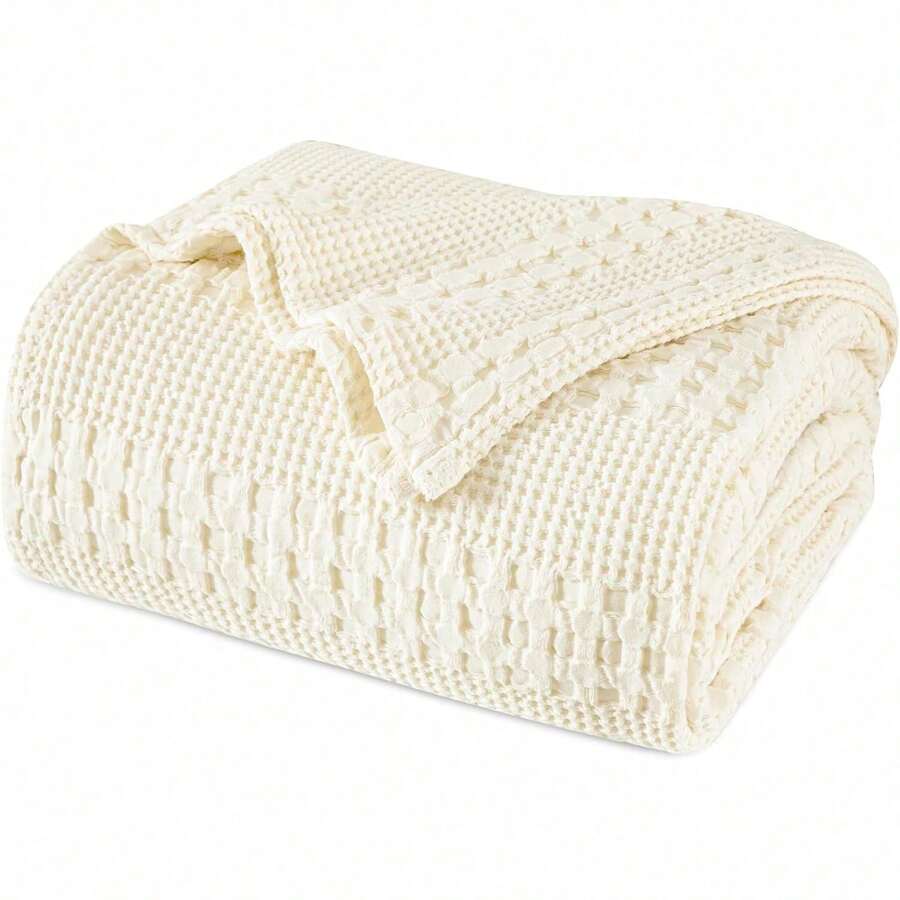 100% Cotton Waffle Weave Blanket King Size, Lightweight Washed Cotton Blanket For Spring & Summer - 108"X90" Soft Woven And Breathable Blanket For Bed Sofa Home Decor - Ivory