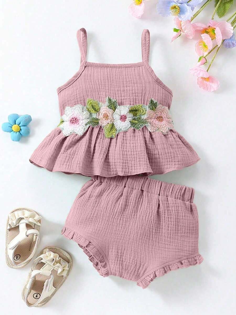 Ensemble Top camisole avec garniture florale vintage brodée et bas minimaliste triangle pour bébé fille, été
