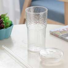 1pc Milk Tea/Cold Drink Glass Cup With Straws, Minimalist Vertical Stripe Water Cup, High-End Appearance Coffee Cup Suitable For Restaurant, Bar, Home, Holiday Party, Glass Jar, Transparent Pearl Milk Tea Cup, Fruit Juice Beer Cup, Milk Mocha Cup, Breakfast Cup