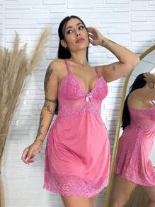 camsola feminina talita com detalhes em renda linha noite roupa de dormir pijama curto - Rosê - Visão 2