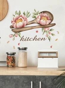 1 pieza Cuchara de madera creativa con diseño de peonía, pegatinas decorativas para cafetera con patrón de oso de café, pegatinas decorativas removibles para la cocina, regalos de decoración para cumpleaños, graduación, decoración del hogar, baño, dormitorio, sala de estar, decoración de la casa