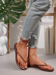 Spring/Summer New Arrival Women Flat Toe Post Sandals, Round Toe Flat Casual Slippers For Indoor & Outdoor Wear - Brown - View 6