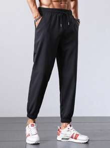 1 件装 男士健身男友风格抽绳腰部翻盖口袋侧边运动裤 - 黑色 - 查看 4