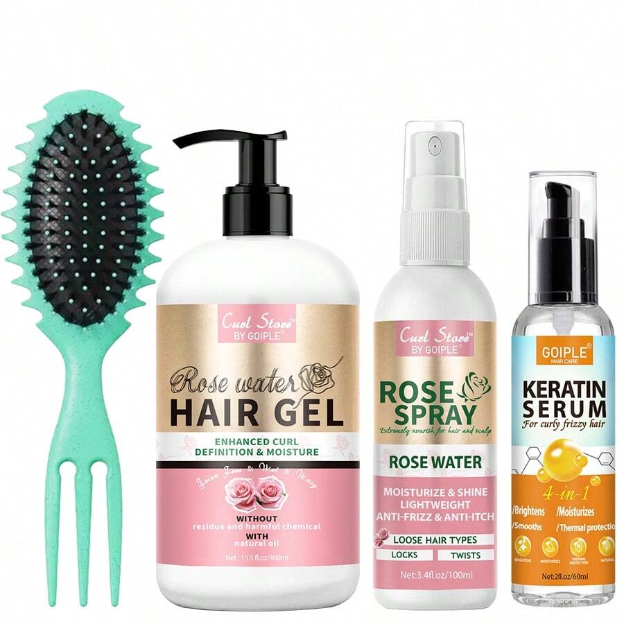Goiple Rose Water & Keratin Serum Curl Care Kit, Moisturizing Curly Hair Gel & Spray Kit,Anti-Frizz,Enhanced Curl Definition & Shine & Moisture Curly Hair Kit,Daily Curly Hair Care With Detangling Brush,Stylish Hairstyle Creating, Daily Hair Care, Women And Men With Curly, Frizzy, Dry Hair
