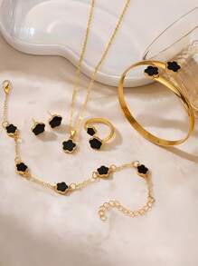 Set da 6 pezzi di accessori decorativi con fiori fortunati dello stesso colore per ragazze, 1 paio di orecchini, 1 collana, 1 braccialetto, 1 braccialetto, 1 set di anelli adatto per uso quotidiano