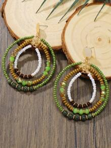 BOCAR 1 Pair Bohemian Olive Green Crystal & Wooden Bead Mixed 3-Layer Hoop Earrings, Suitable For Women Everyday Wear