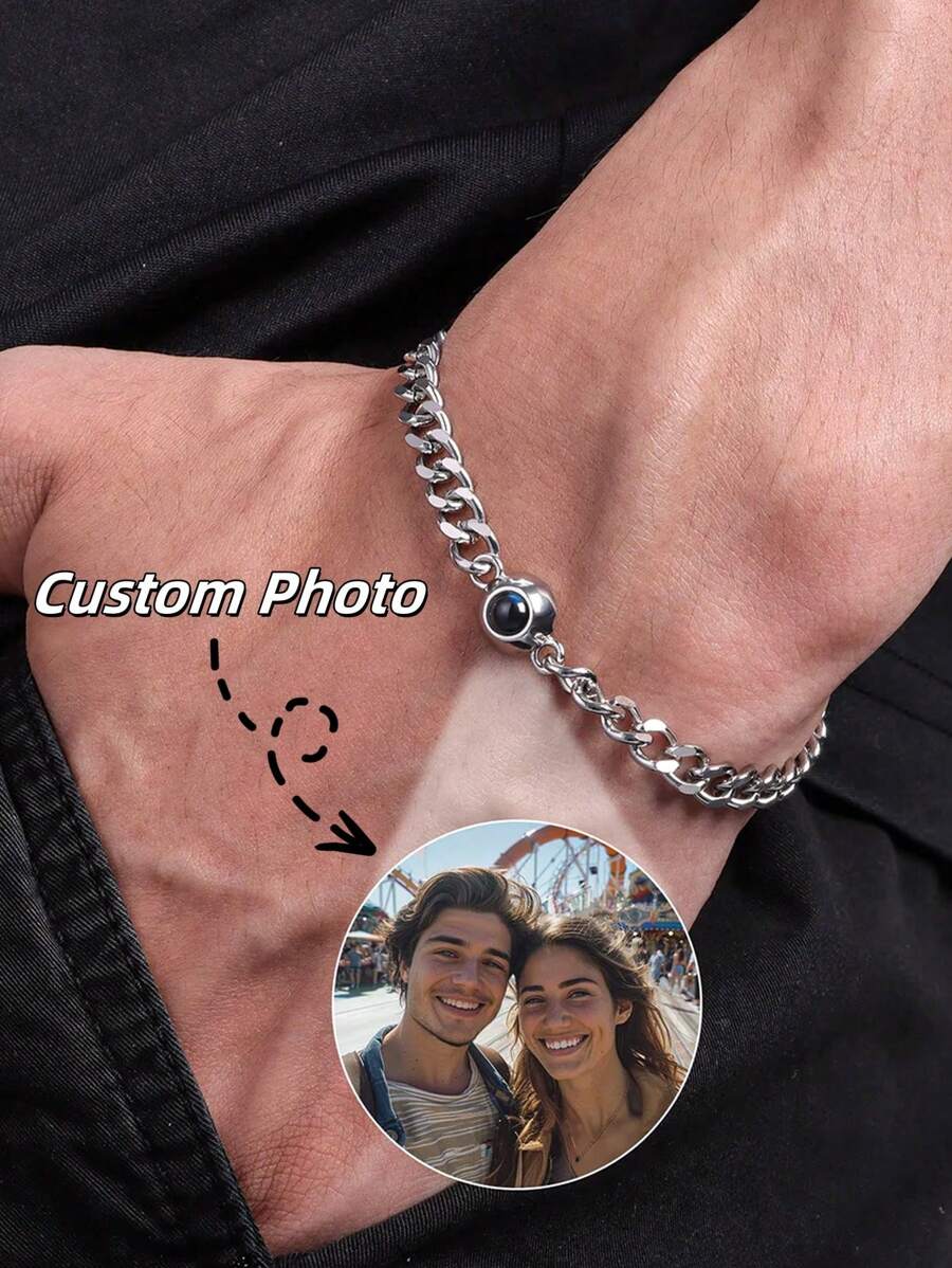 1件定制男士投影手链，7毫米链个性化照片手链，情侣对戒，男女通用，定制链投影照片手链，送给男友、父亲的礼物，黑色、银色、金色，时尚、彩色、复古、简约、男女通用、休闲、可爱、定制、个性化、独特、送给她、男友、女友、女士珠宝
