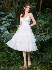 Elasola Polyester Tulle Spaghetti Strap Ruched Bust&Ruffle Trim Layered Tulle Dress Formal Wear For Weddings, Lightweight & Airy Design With Fashion Credentials Summer Dresses Spring Clothes