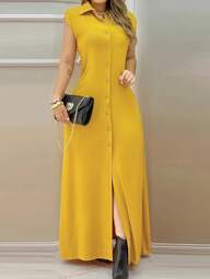 Vestido largo de verano de unicolor con botones delanteros, casual y para ir al trabajo