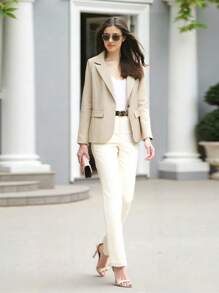 Womens Button Down Blazer Long Sleeve Open Front Jacket Solid Color Office Coat Blazer - Champagne - View 8
