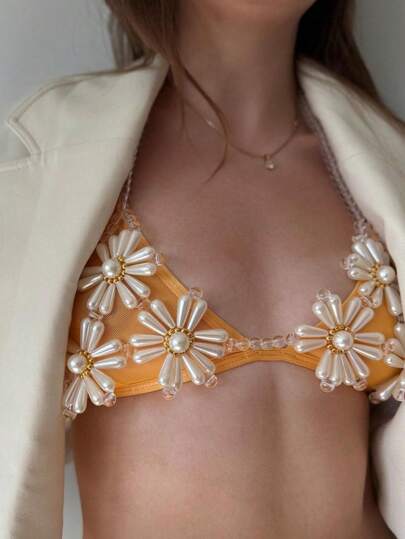 Cuier 1PC Popular Sexy Beaded Handmade Pearl Flower Bra Body Chain Tops For Women Suit Bikini Jewelry For Vacation Beach Summer