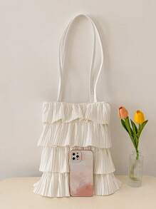 1 Pc White Fabric Casual Fresh Style Foldable Multi-Layer Pleated Open Tote Bag, Large Capacity Suitable For Women In Spring/Summer, College Student School Bag, Teenage Girls Outdoor Shopping Handbag For Phones, Wallets, Lipsticks, Keys, Tissue, Storage Pouch, Fashion Item