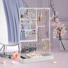 Jewelry Organizer, 4-Tier Earring Holder Organizer With Metal Tray, Jewelry Holder Stand For Necklaces Stud Earrings Bracelets And Rings, Earring Organizer (Gold) - 白色 - 查看 2