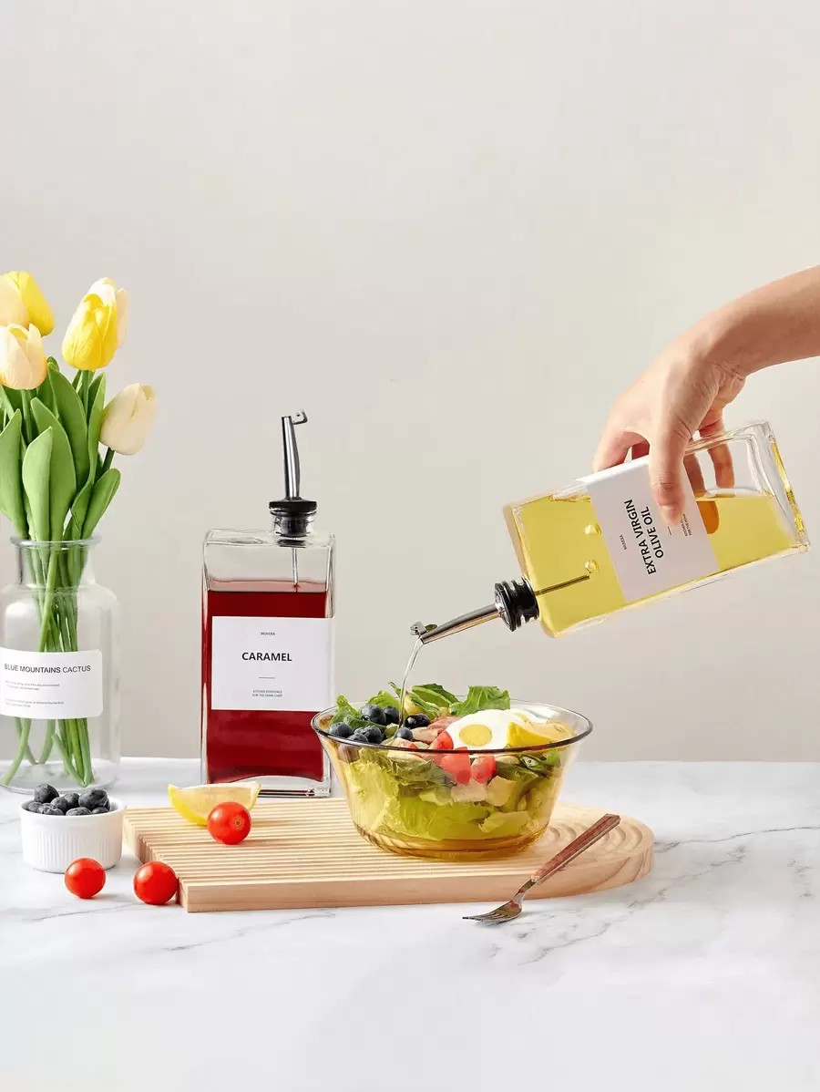 1 pieza Botella de vidrio rectangular de 500ml para aceite de oliva, de gran capacidad y transparente, rellenable y con buen sellado, conveniente para almacenamiento, también se puede usar para salsa de soja y vinagre, incluye 4 etiquetas de texto aleatorias - multicolor - Ver 1