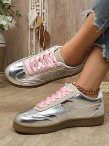 新款秋季男女休闲帆布运动鞋，时尚百搭平底户外运动鞋 - 銀色 - 查看 6