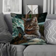 1 pièce Taie d'oreiller avec motif de chat gros tenant un téléphone. Housse de coussin en polyester pour la décoration de la chambre, du salon et du canapé. Accessoires complémentaires collection