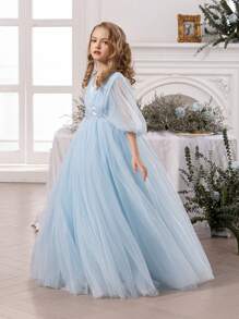 Tween Girl Light Blue Lace Embroidered Bow Mesh Party Elegant Dress, Princess Dress Suitable For Girls Birthday Party, Banquet, Formal Occasion, Prom, Wedding Flower Girl - 藍色 - 查看 6