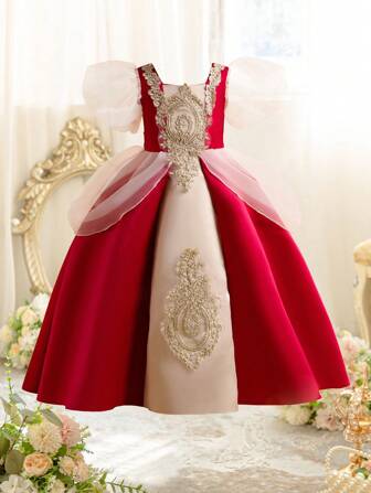 女童红色长款金色刺绣花卉派对连衣裙，泡泡袖公主风格