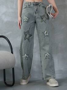 Jeans de talle alto para mujer con flecos con estrellas, jeans vaqueros largos, casuales y para uso diario, apto para conciertos