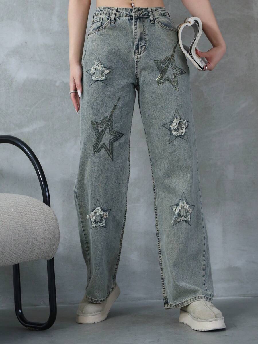 Jeans de talle alto para mujer con flecos con estrellas, jeans vaqueros largos, casuales y para uso diario, apto para conciertos