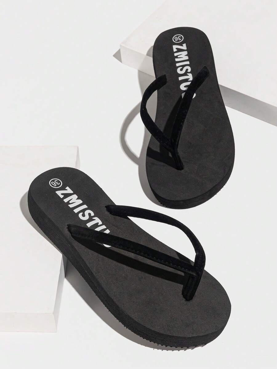 Sandali infradito con zeppa neri semplici e confortevoli da donna, adatti per uso interno ed esterno