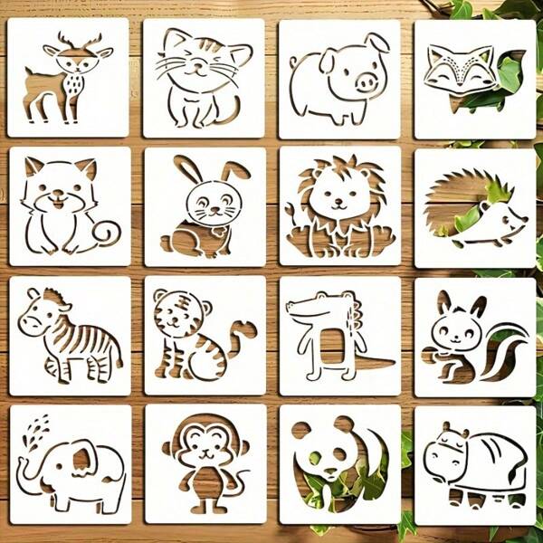 16 pezzi di stencil a tema animale riutilizzabili, modelli di pittura fai-da-te per disegnare, decorare la casa su tela, cornici di porte, pareti, mobili, forniture per l'artigianato