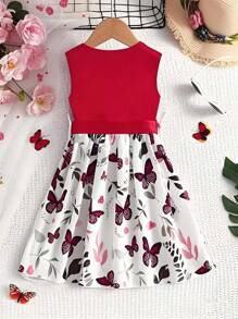 Mädchen Kleid mit Schmetterling & Blumen Ärmelloser Schleifenapplikation, Elegante Mode, geeignet als Outdoor-Bekleidung Frühling/Herbst, kann als Geschenk gegeben werden