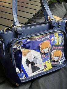 Nova bolsa transparente estilo japonês com fita, bolsa transparente grande com alça de ombro, feminina (cartão e crachá são apenas para referência, não incluídos)